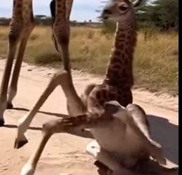 O0704003 Newborn Baby Giraffe Drops and Hits the Ground With a Lion Watching (Part 2)