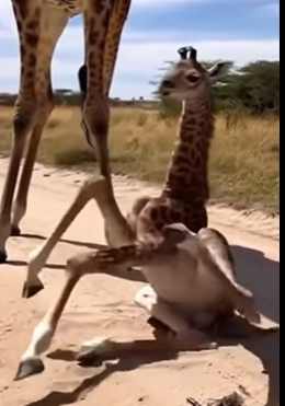 O0704003 Newborn Baby Giraffe Drops and Hits the Ground With a Lion Watching (Part 2)